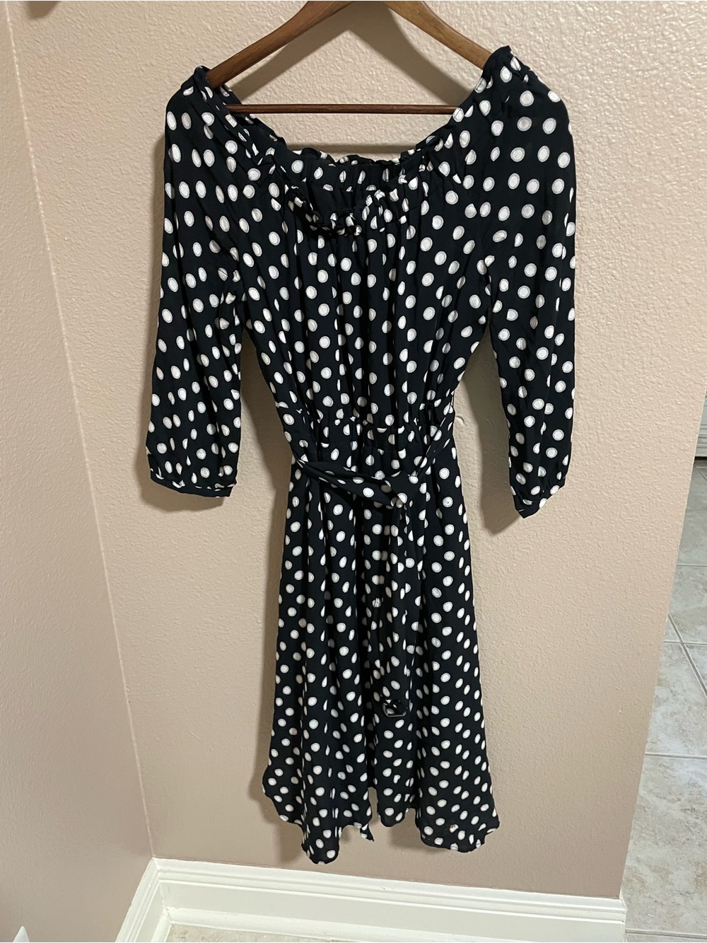 Maeve Anthropologie Black & White Polka Dot Off-Shoulder Midi Dress